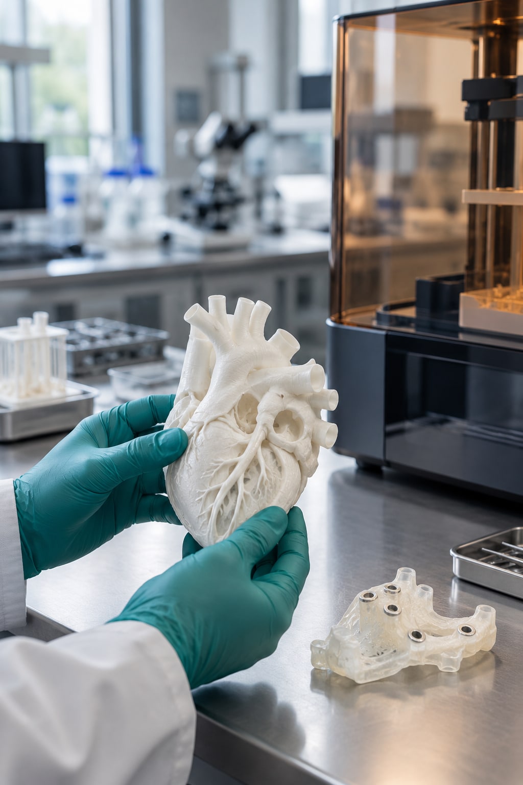 Inżynier biomedyczny oglądający wydrukowany w 3D model anatomiczny serca przy profesjonalnej drukarce żywicznej
